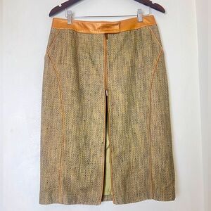 Lafayette 148 Wool Gold Leather Trim Lined Up & Down Center Zip Skirt/COA Sz 10